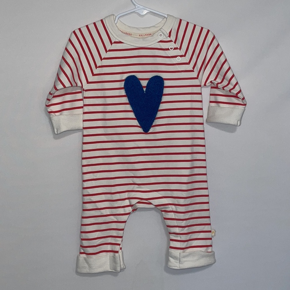 Red, white and blue striped Hallmark baby onesies with embroidered raised heart
